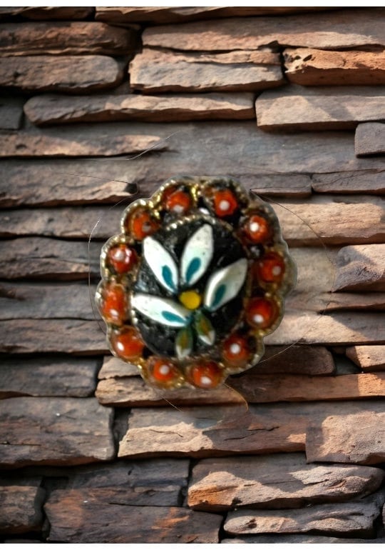 Handmade micro mosaic adjustable ring - Italian inspired - hand cut blue, white and terra cotta colored glass with millefiori