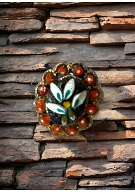 Handmade micro mosaic adjustable ring - Italian inspired - hand cut blue, white and terra cotta colored glass with millefiori
