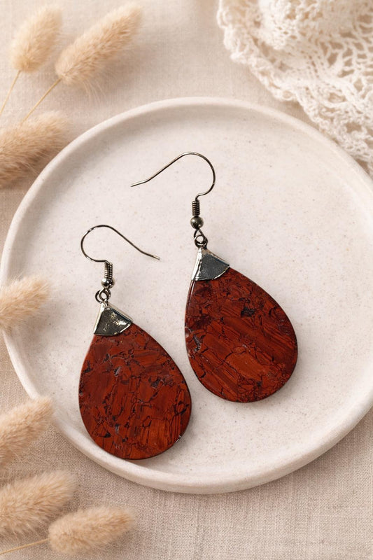 Red Jasper Teardrop Earrings | Natural Stone Dangle Earrings | Vintage Earth Tone Jewelry | Boho Minimalist Earrings | Gift for Her