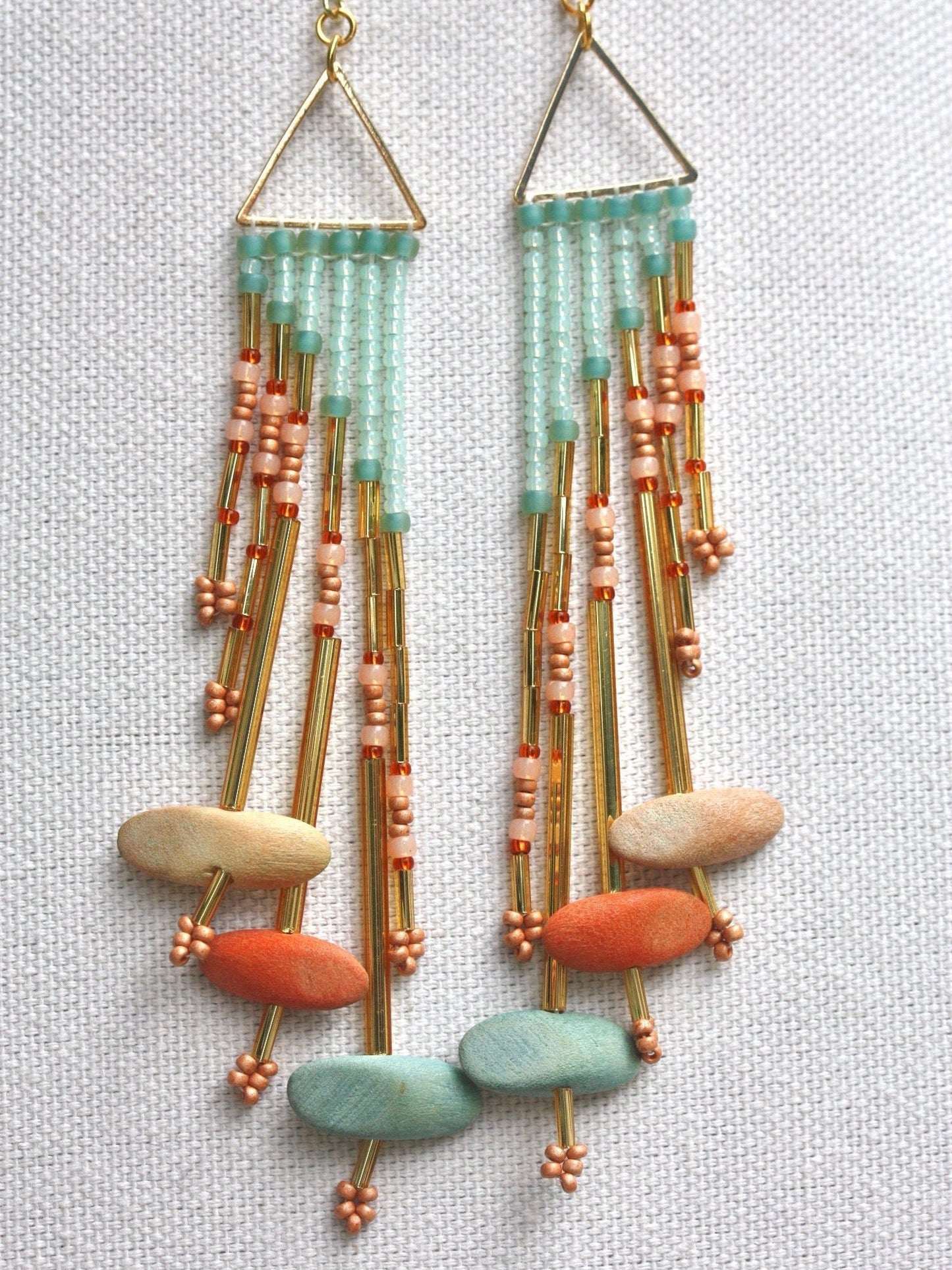 Hand beaded stunning dangle long statement beadwork earrings - glass, metal and colored drift wood