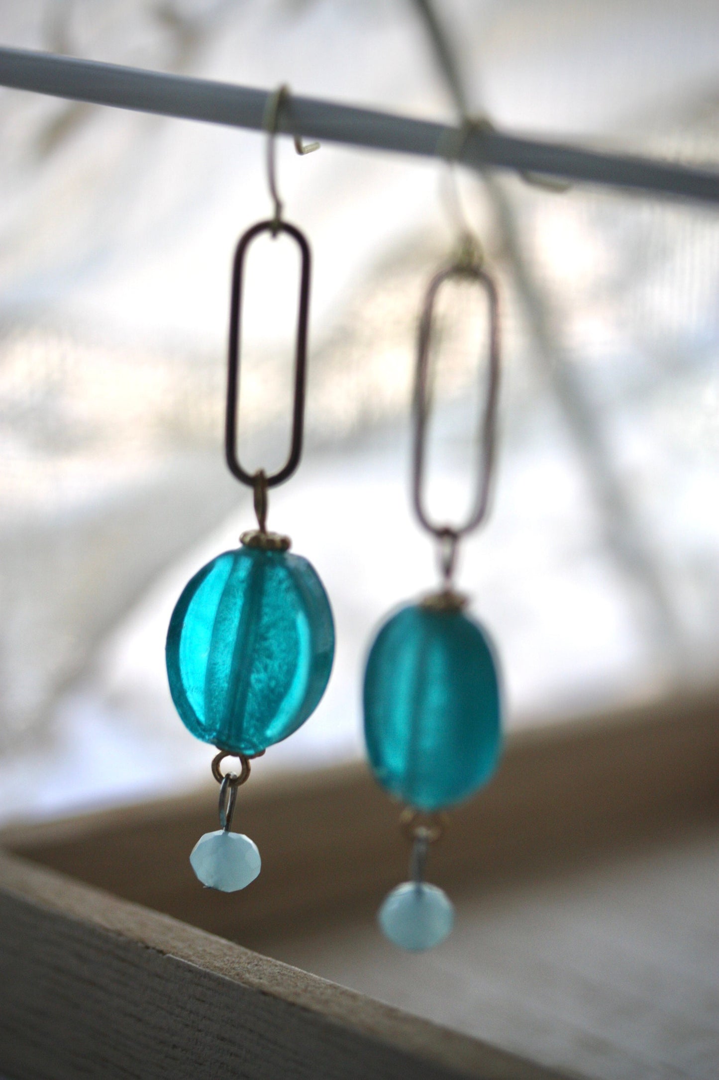 Turquoise glass and gold metal drop earrings