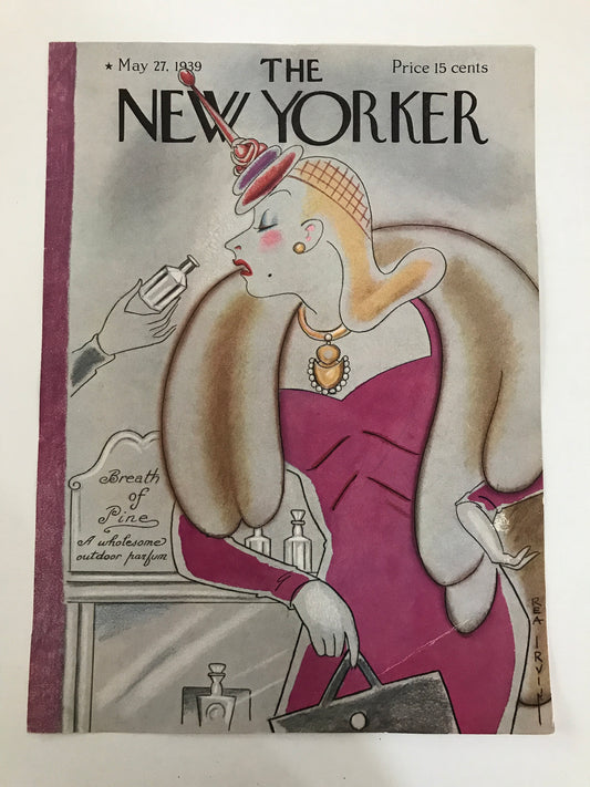 The NEW YORKER Magazine original cover - May 27, 1939 - Rea Irvin - fur clad blonde sniffs outdoor fragrance