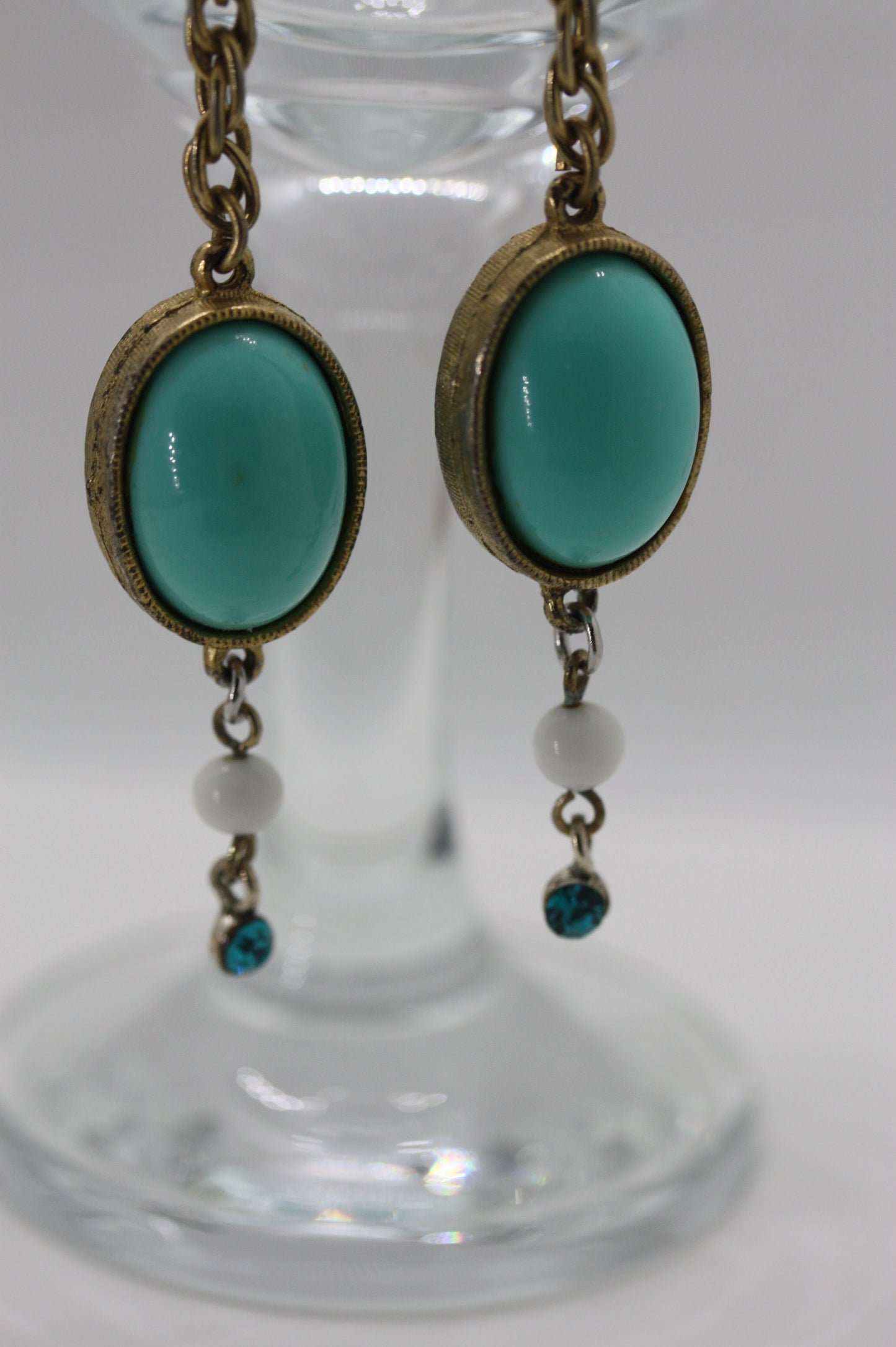 Handmade mixed material dangle earrings made of vintage and new materials - turquoise dangles with white glass and blue rhinestones