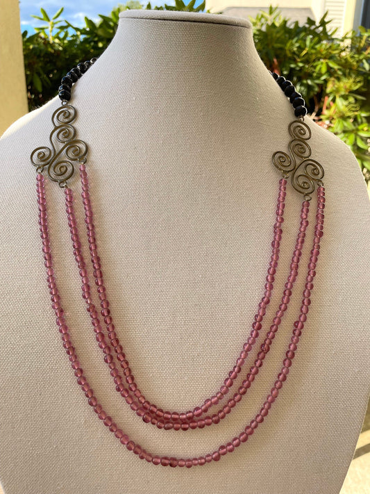 Triple-stranded glass vintage necklace with metal scrollwork and black beads - available in pink, hot pink and light blue