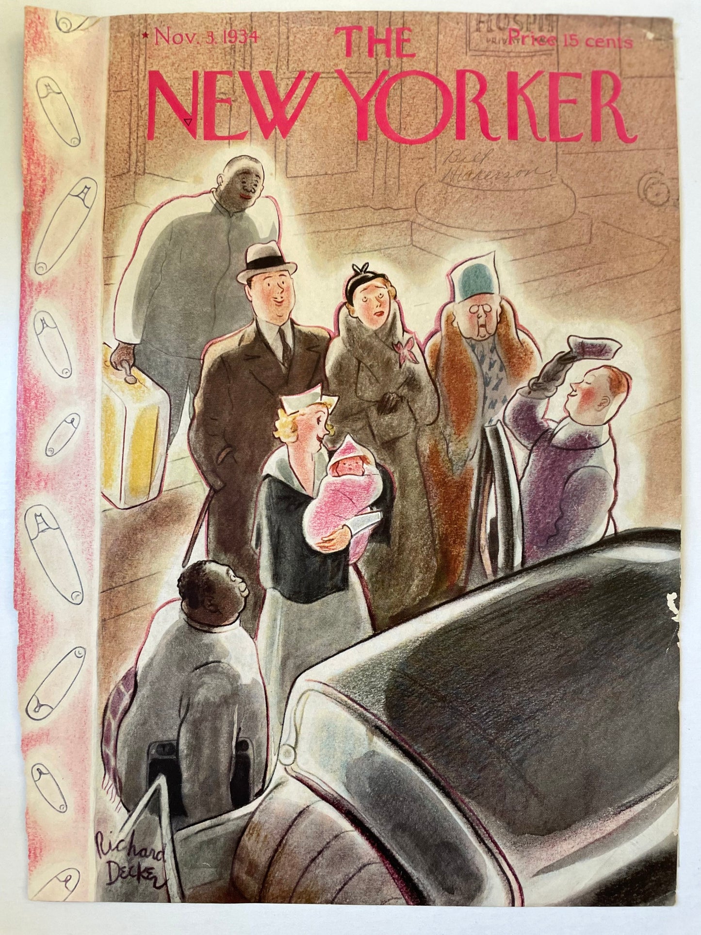 Very Rare, Very old NEW YORKER Magazine original cover - November 3, 1934 - bringing home the baby by Richard Decker