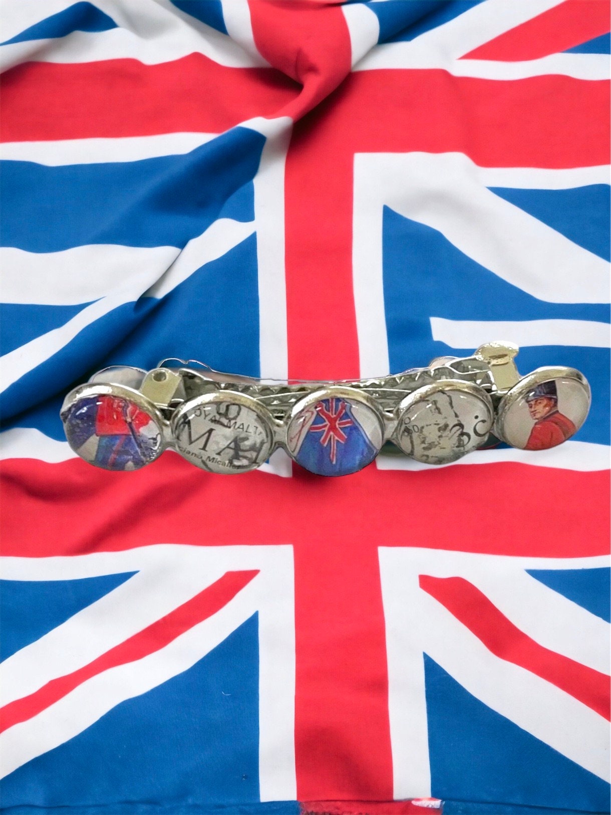 Unique handmade Hair barrette - made from postage stamps from Britain, England, United Kingdom, UK