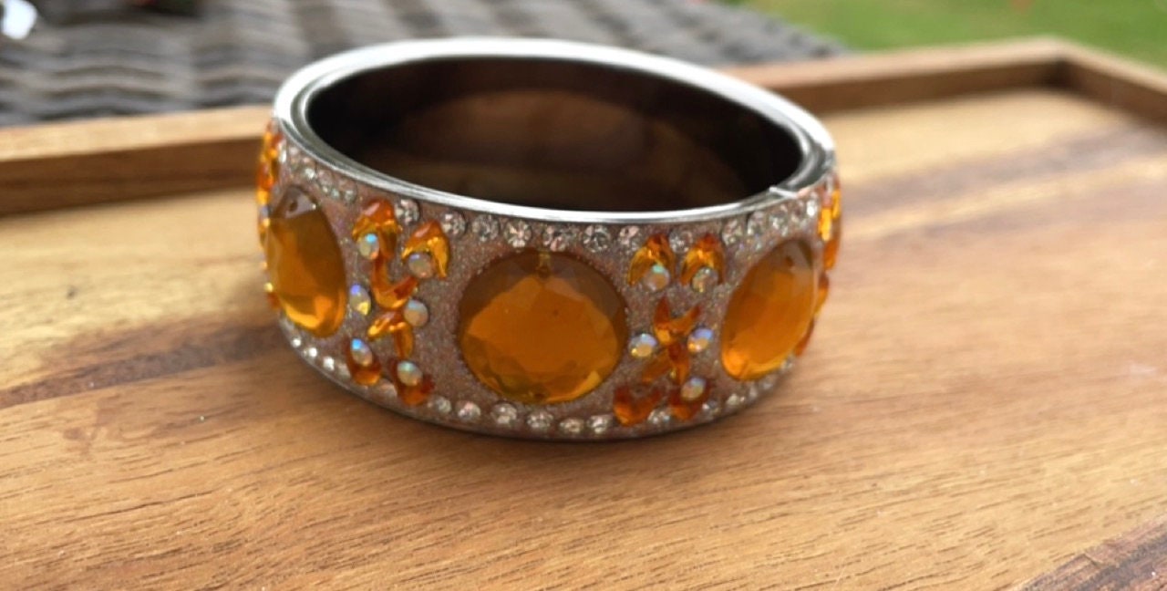 Stunning vintage wide bangle bracelet - orange inlaid rhinestone mosaic