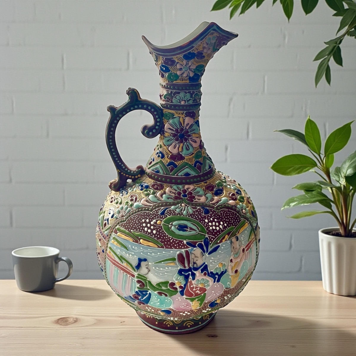Antique Japanese Satsuma Moriage Pitcher | Hand Painted Figural Ewer Vase | Raised Enamel Gold Gilt | Meiji Style Art Pottery