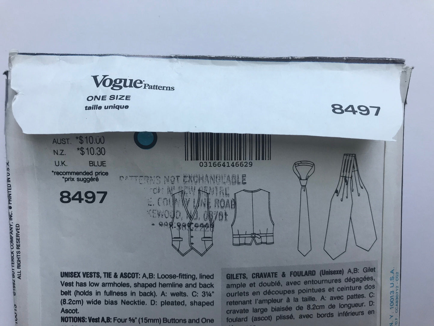 UNCUT Sewing Pattern - Vogue Vest Pattern 8497 - Men's or Misses' Unisex Vest, Tie & Ascot - Very Easy Vogue Accessories - One Size Pattern