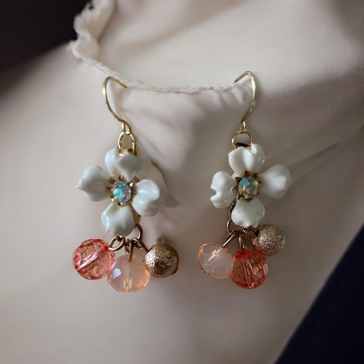 Charming little dangle earrings - white rhinestone studded vintage flower with pink and gold dangle beads