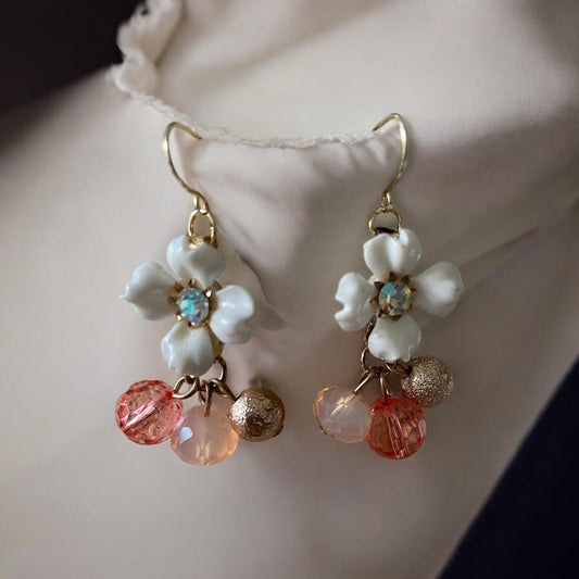 Charming little dangle earrings - white rhinestone studded vintage flower with pink and gold dangle beads