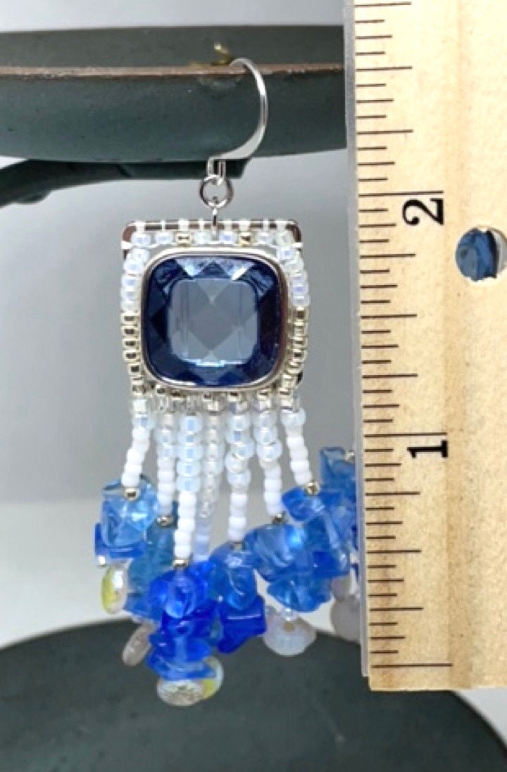One-of-a-kind mixed material hand beaded dangle beadwork earrings - inspired by the beach - upcycled cabochons, blue glass chips, seed beads