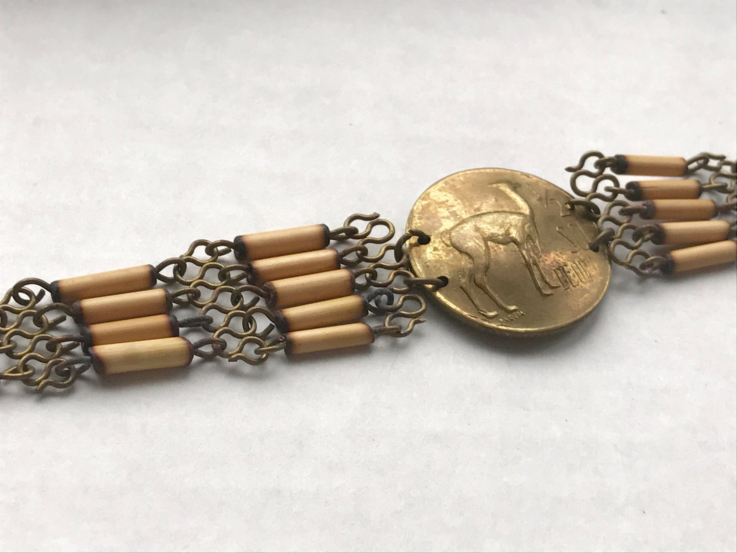 Very unique vintage genuine deoro pareia coin & wood bracelet - Peru