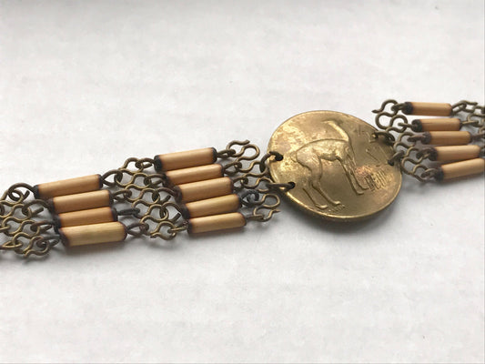 Very unique vintage genuine deoro pareia coin & wood bracelet - Peru