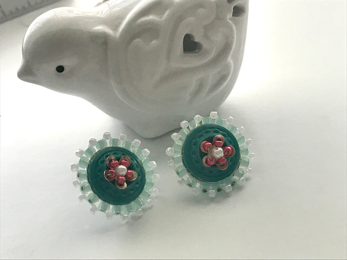 Intricately beaded vintage buttons handmade stud earrings - turquoise