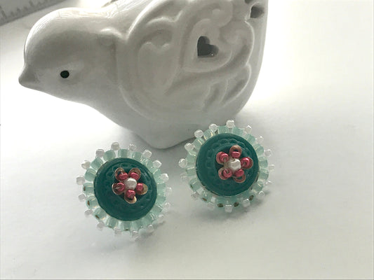 Intricately beaded vintage buttons handmade stud earrings - turquoise