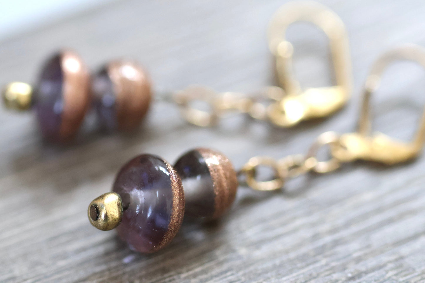 Deep purple and gently sparkled copper art glass vintage dangle earrings