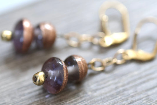 Deep purple and gently sparkled copper art glass vintage dangle earrings