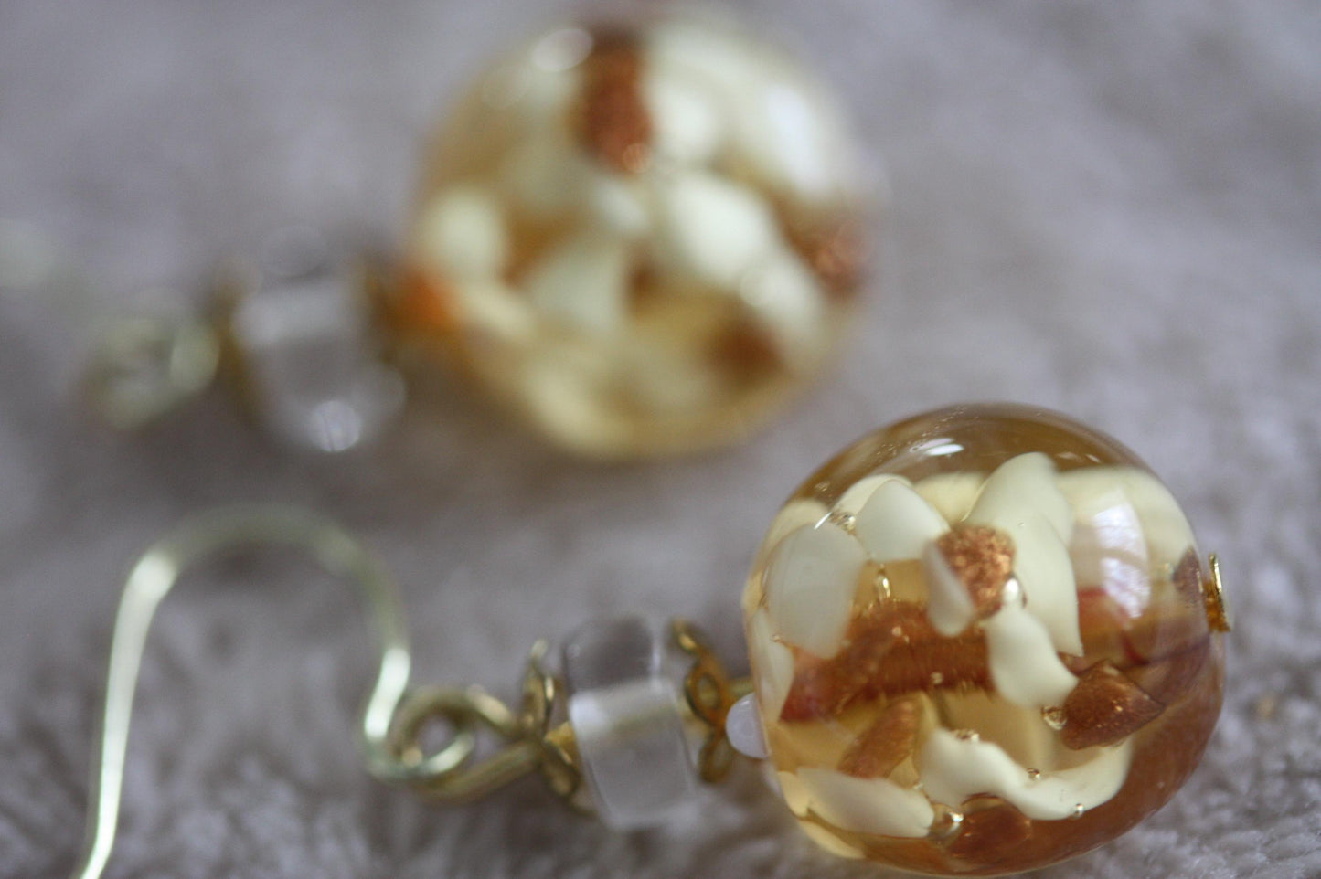 Stunning yellow and gold blown glass earrings with goldstone filigree - 1 and 1/4"