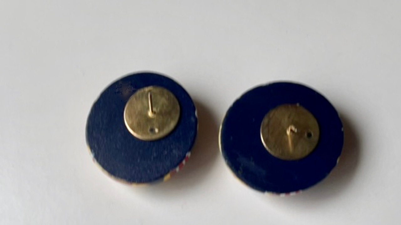 Vintage painted ship boating yacht sailing earrings - round painted wood - for pierced ears