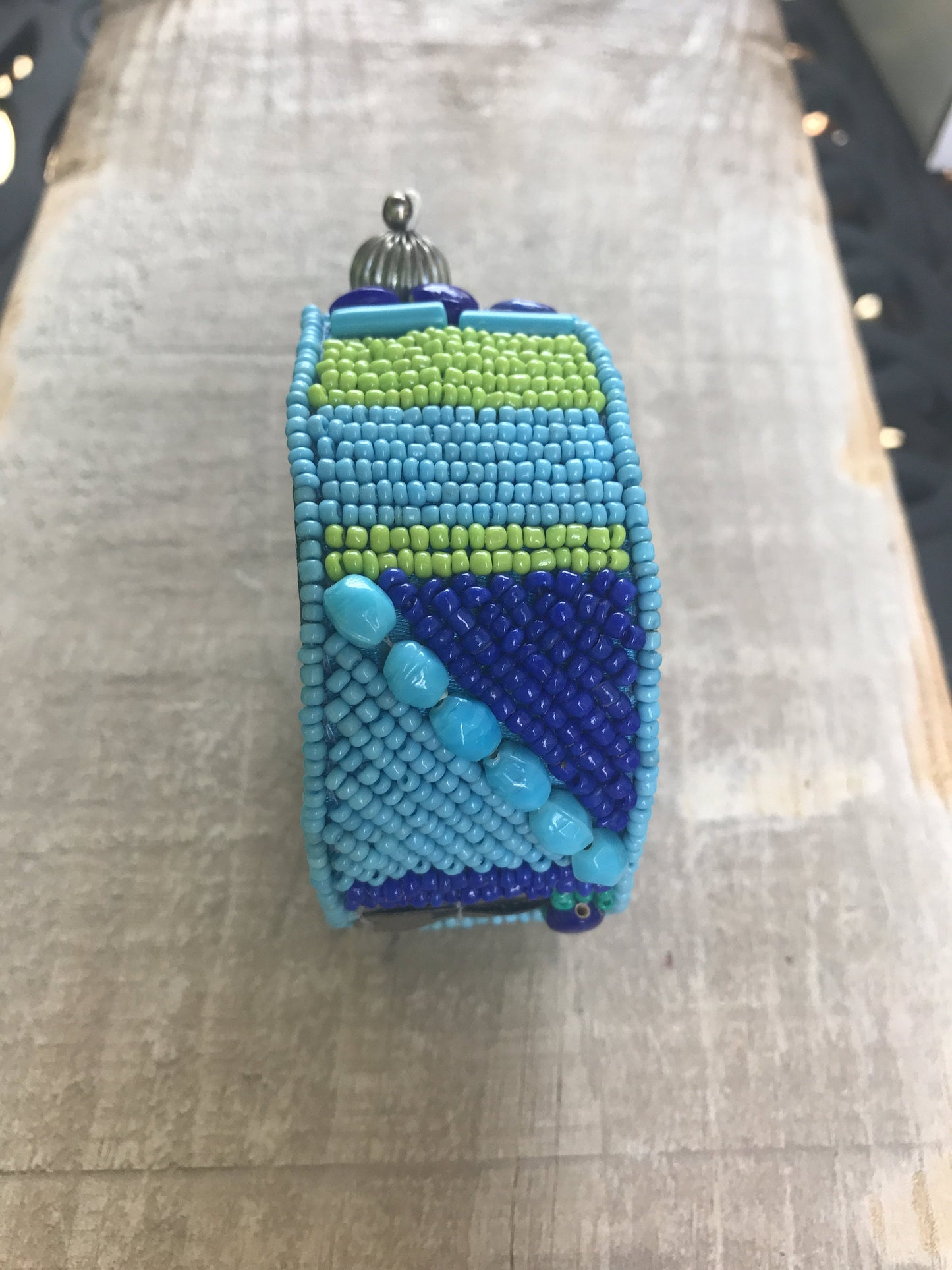 Stunning and unique vintage seed bead and mixed material vintage bracelet - shades of blue - made by Sally C