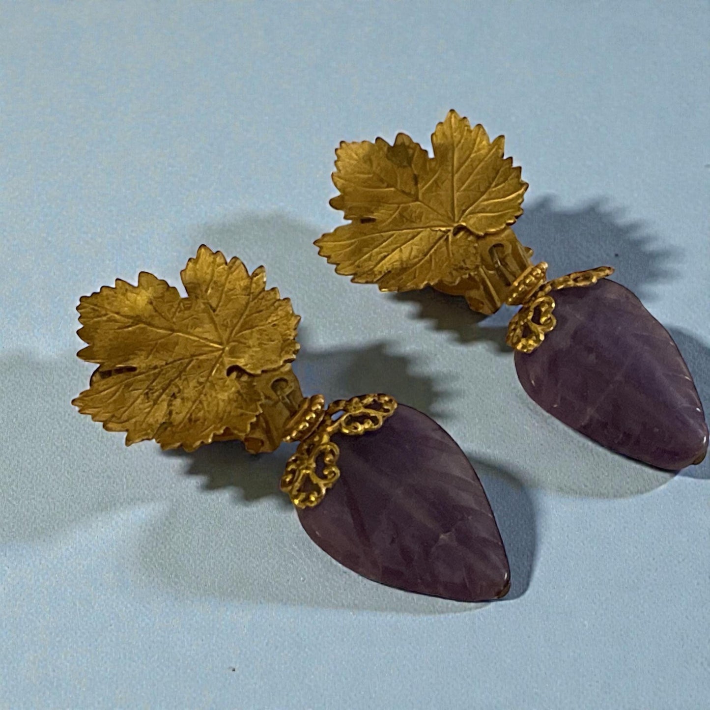 Vintage Goldtone Leaves Clip On Earrings with Carved Amethyst Drops | Retro Statement Jewelry