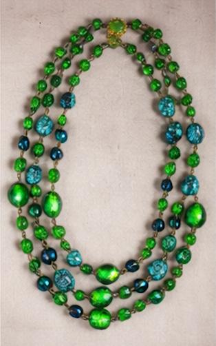 Vintage Emerald Green Glass Necklace, 3 Strand Art Deco Style Statement Necklace, Foil Glass & Turquoise Look Synthetic Beads
