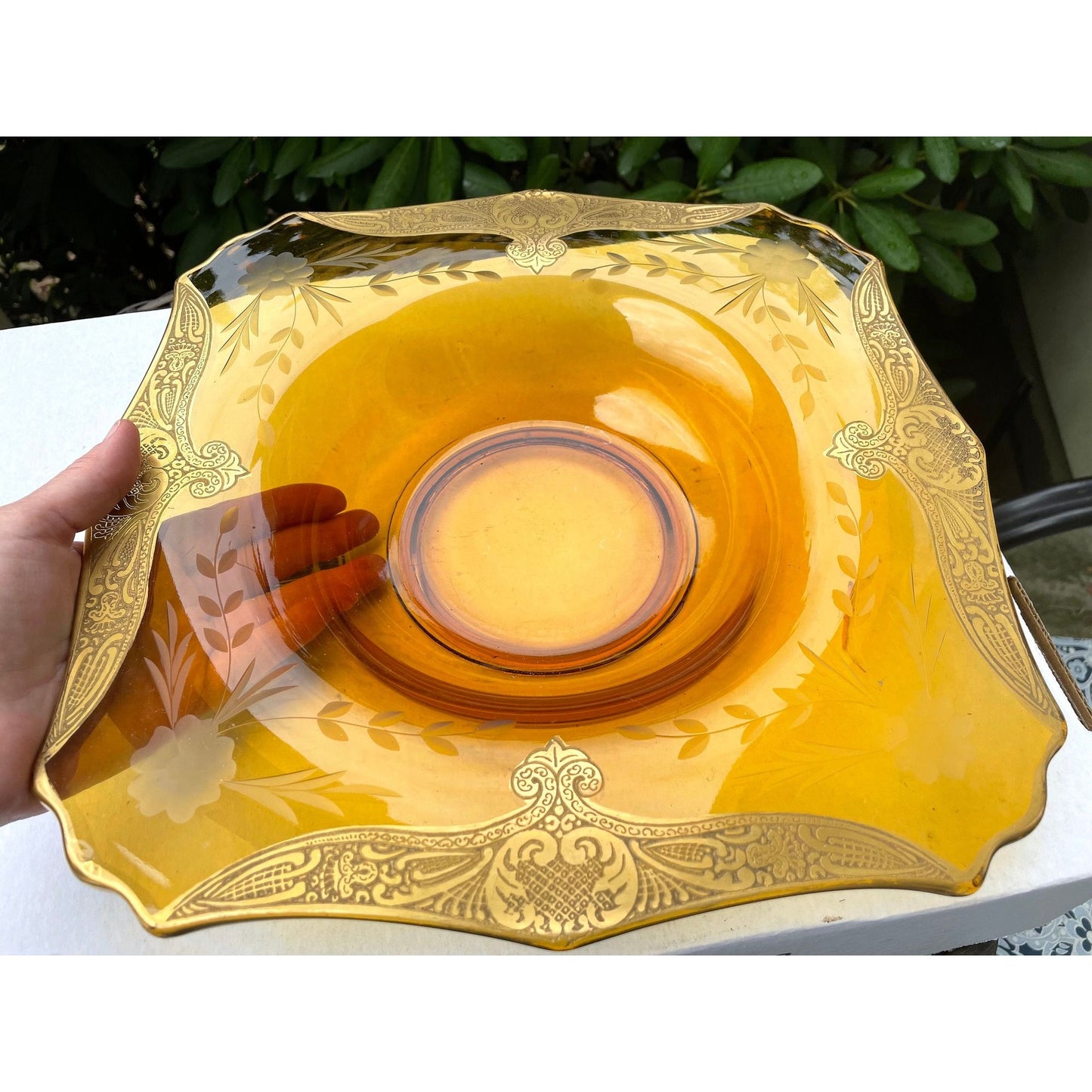 Art nouveau style large dish / bowl - amber glass with detailed gold overlay trim - unsure if this is for serving or just decorative