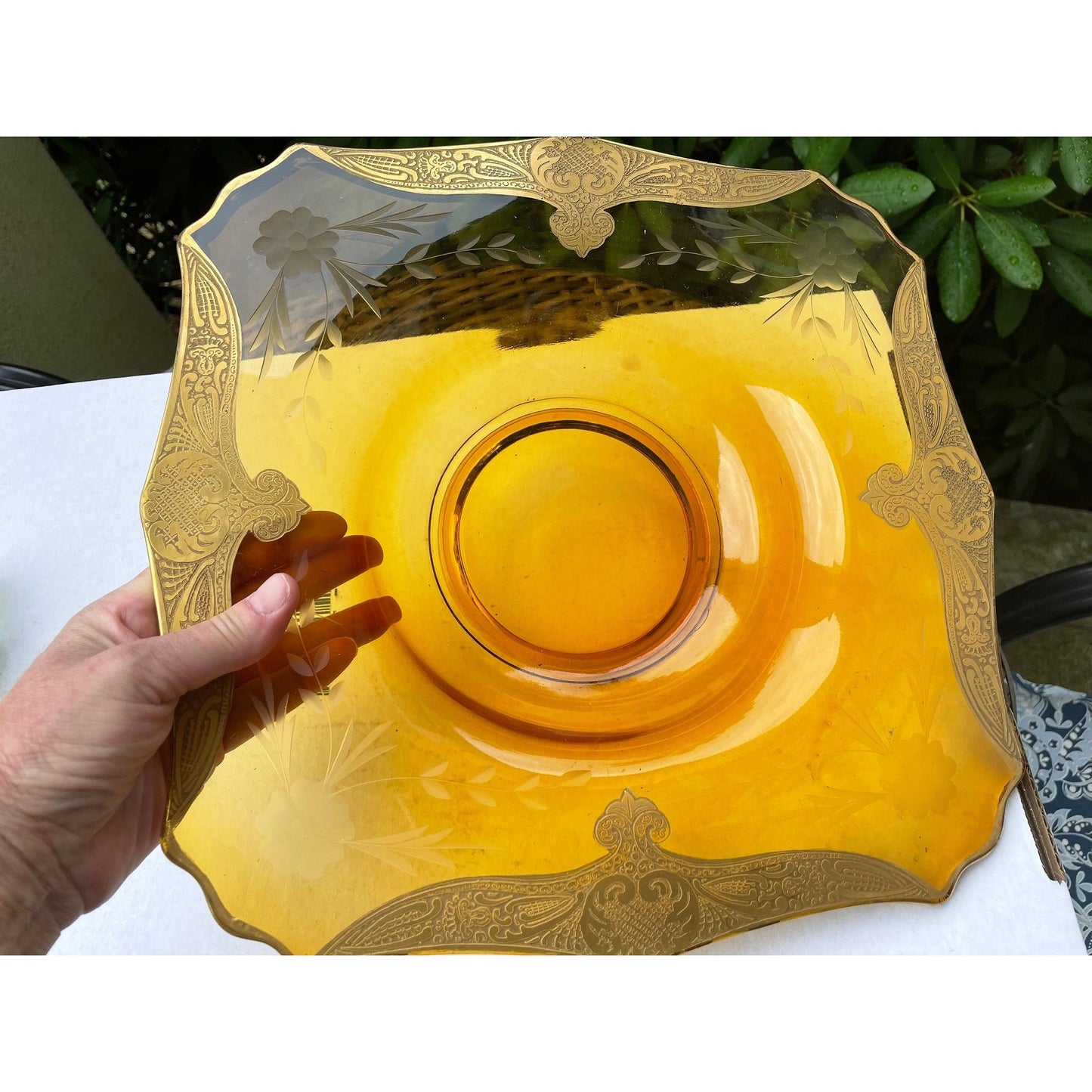 Art nouveau style large dish / bowl - amber glass with detailed gold overlay trim - unsure if this is for serving or just decorative