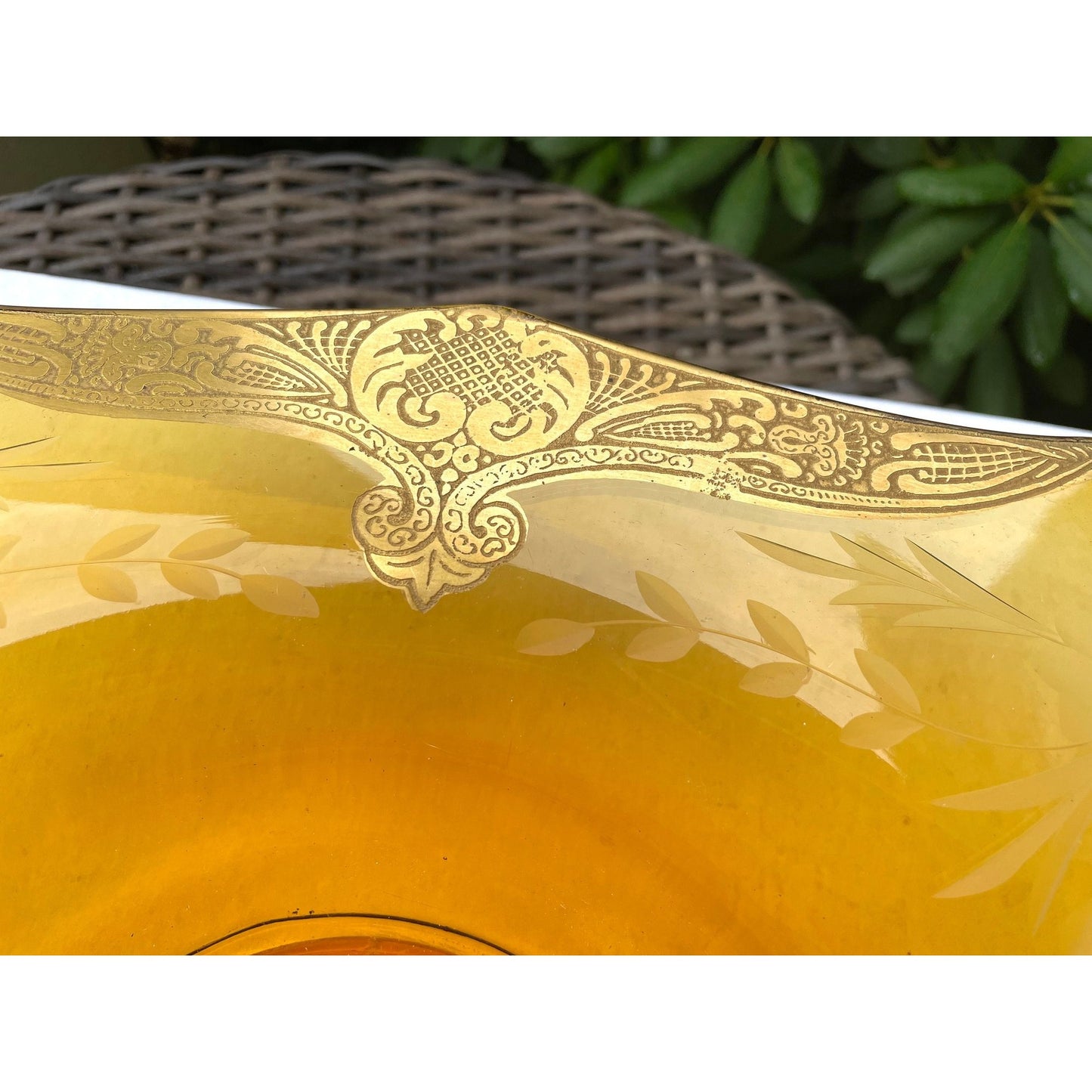 Art nouveau style large dish / bowl - amber glass with detailed gold overlay trim - unsure if this is for serving or just decorative