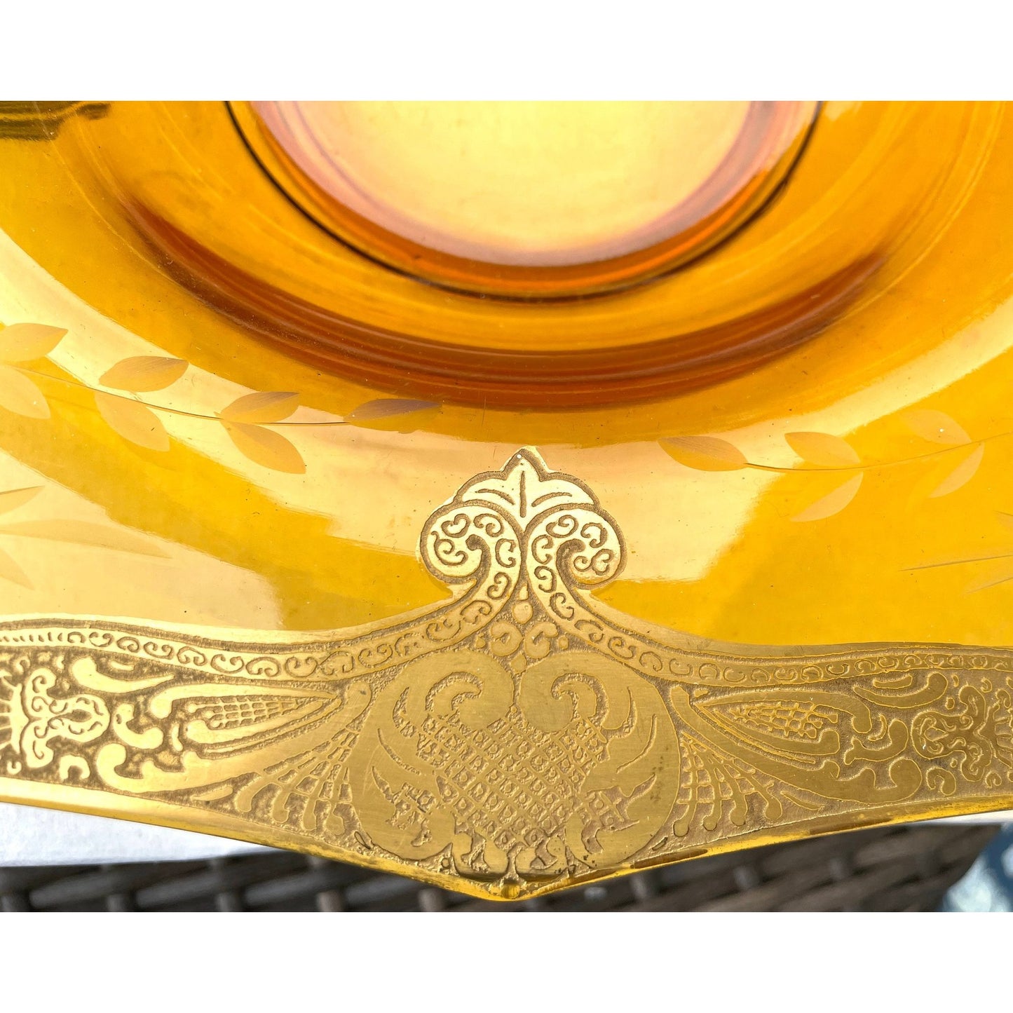 Art nouveau style large dish / bowl - amber glass with detailed gold overlay trim - unsure if this is for serving or just decorative