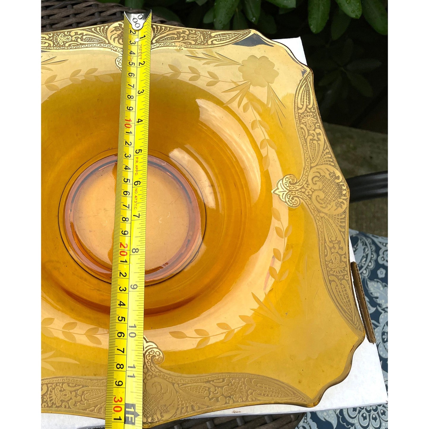 Art nouveau style large dish / bowl - amber glass with detailed gold overlay trim - unsure if this is for serving or just decorative