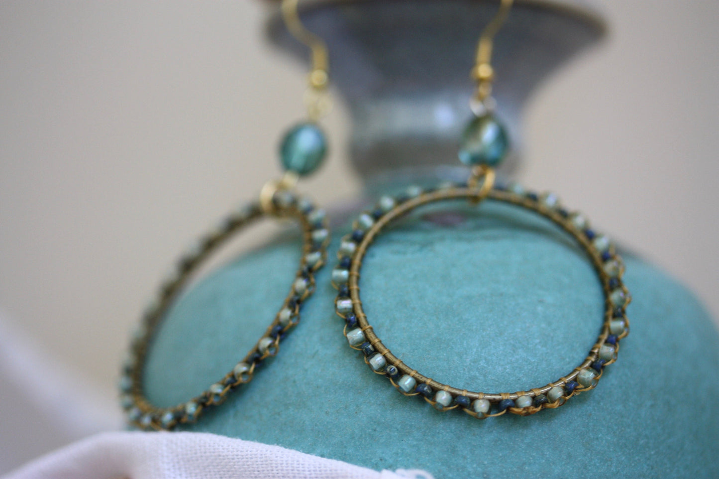 Beaded hoop earrings - shades of blue