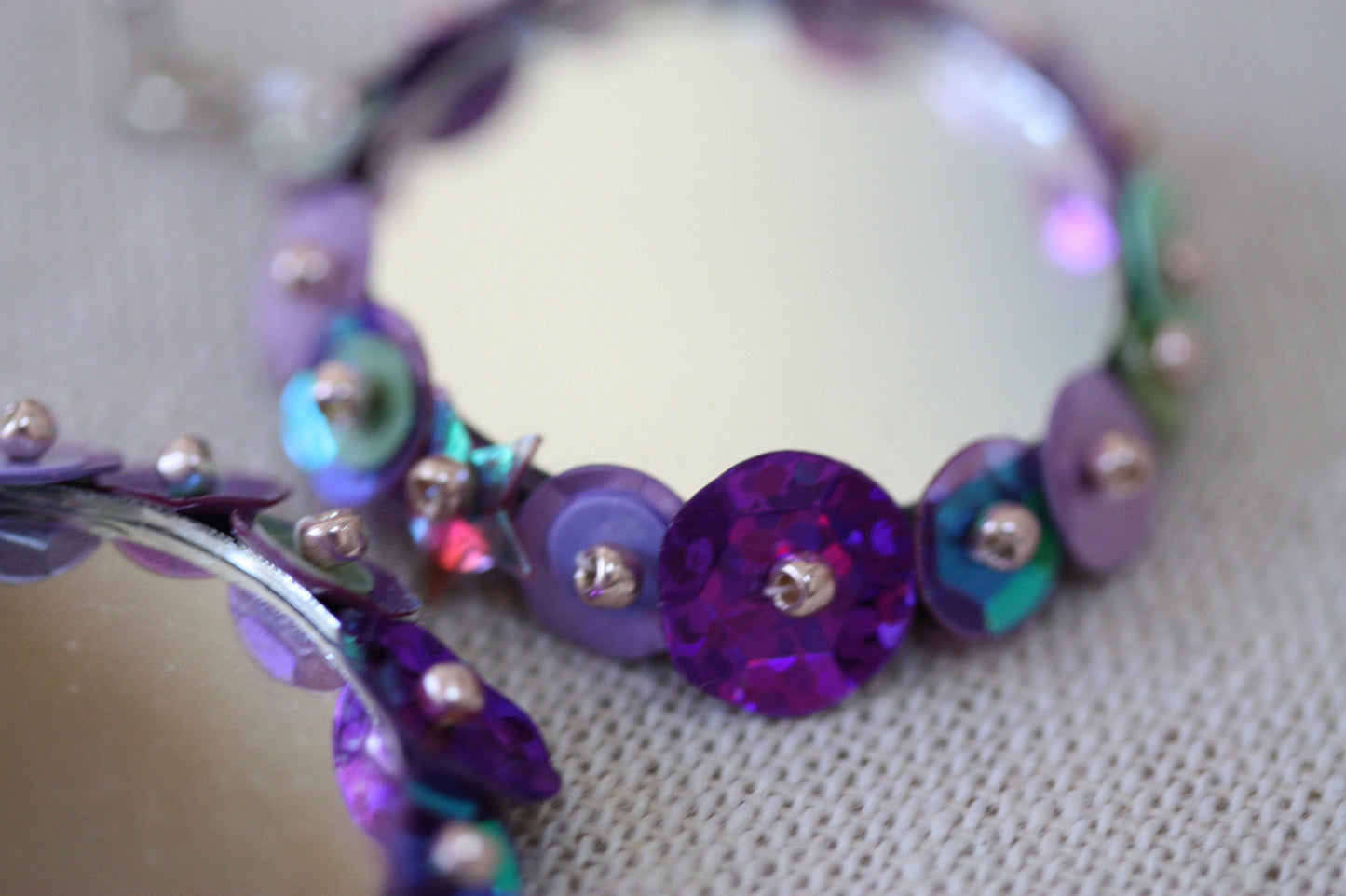 Unique hand beaded and sequined dangle mirror earrings