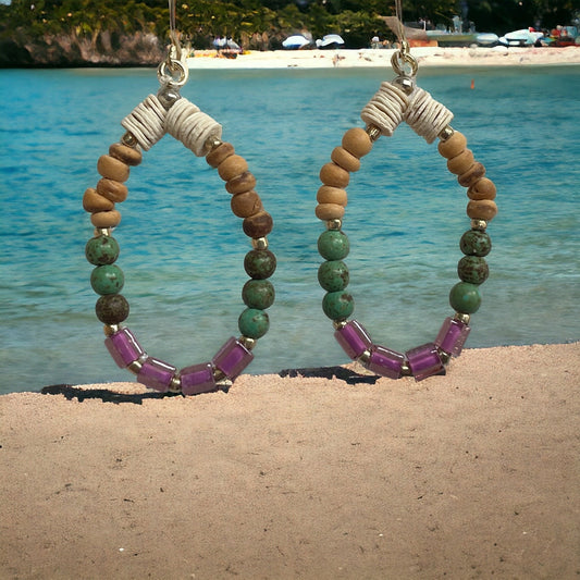 Handmade beaded dangle earrings - purple glass cubes, cream heishi beads, wood and metal spacers