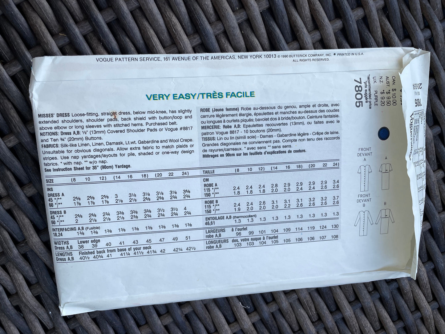 UNCUT Vintage Sewing Pattern from the 1990's - Very Easy Vogue 7805 - Button Front Dress with back overlay - Size 20, 22, 24