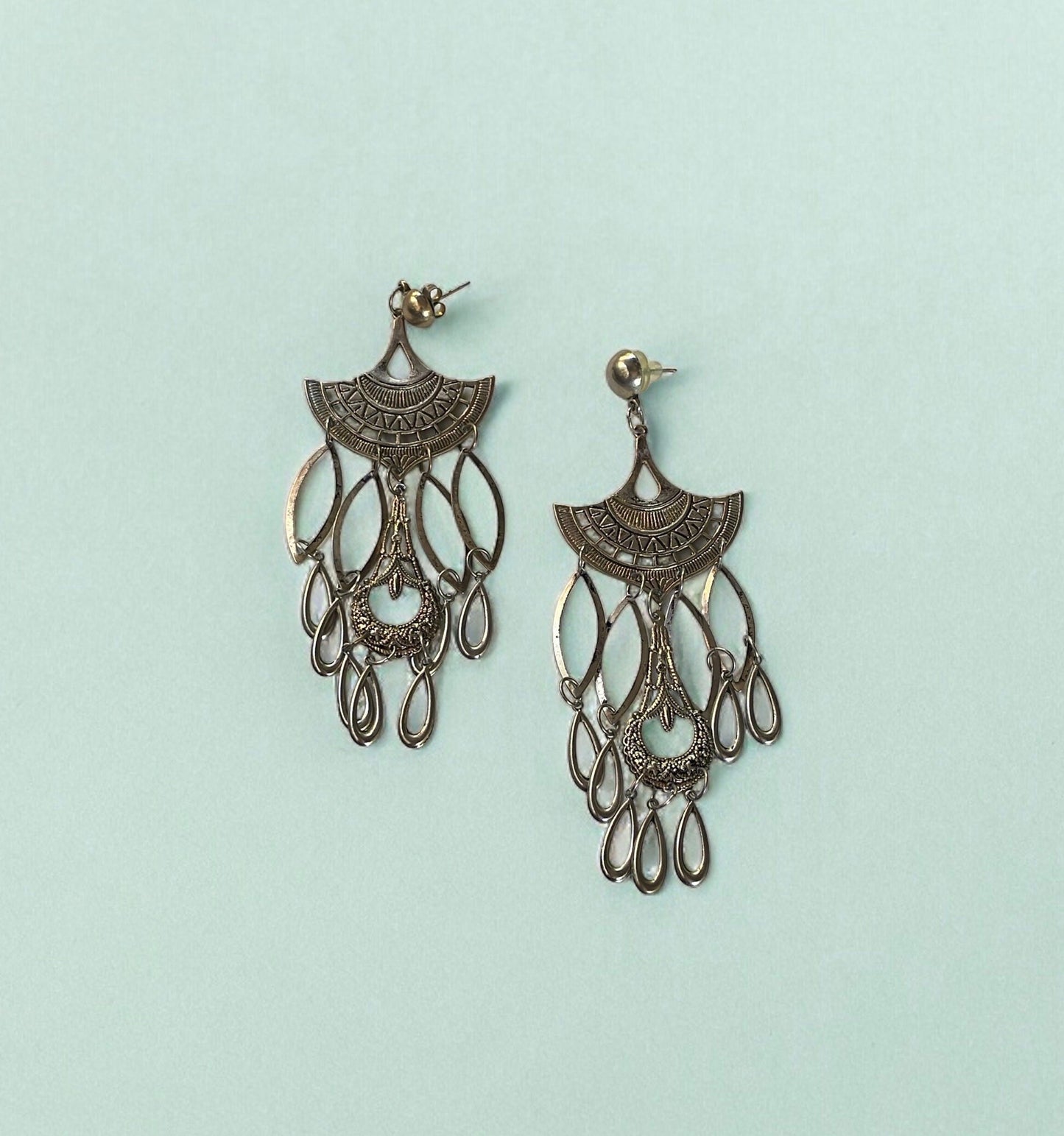 Stunning long vintage dangle earrings - unique geometric art deco style with loads of dangles - nearly 4" long