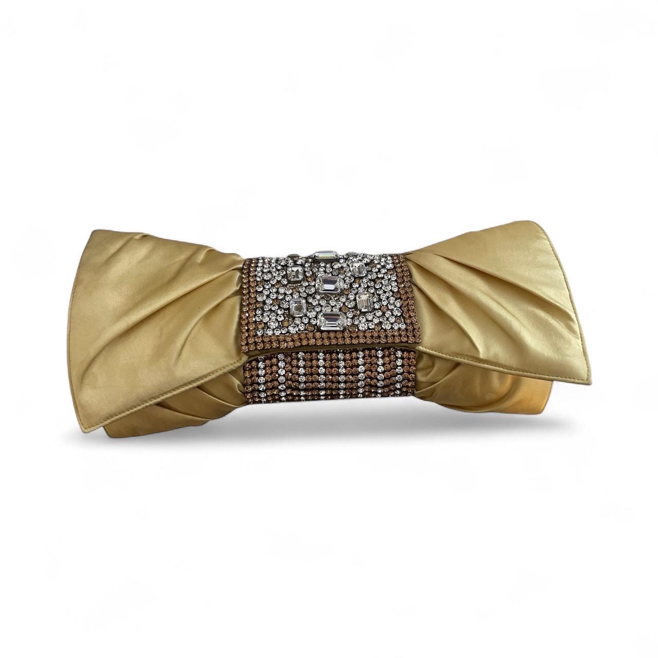Gold Satin Clutch – Designer Evening Bag with Hand-Set Crystals & Bow Silhouette