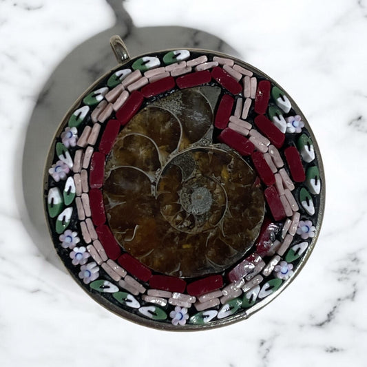 Handmade Ammonite Micro Mosaic Necklace – Unique Fossil Jewelry with Hand-Cut Italian Murrini – Stunning Statement Pendant Gift for Her