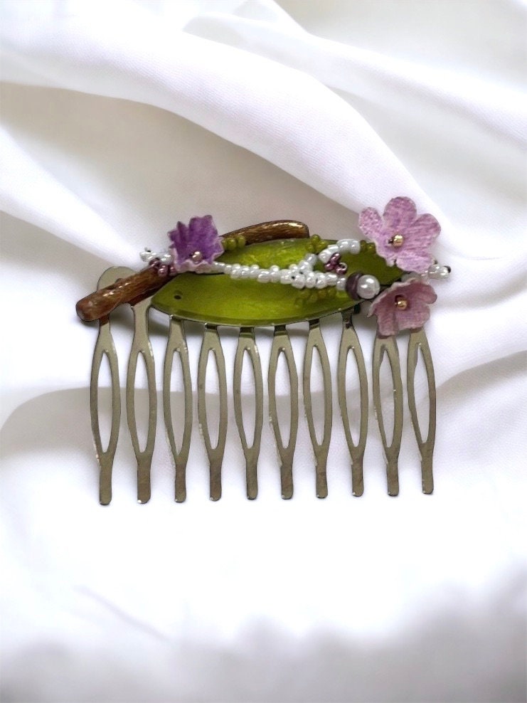 Mixed material hair comb - one-of-a-kind handmade beadwork with upcycled vintage fabric flowers, green "leaf" and branch