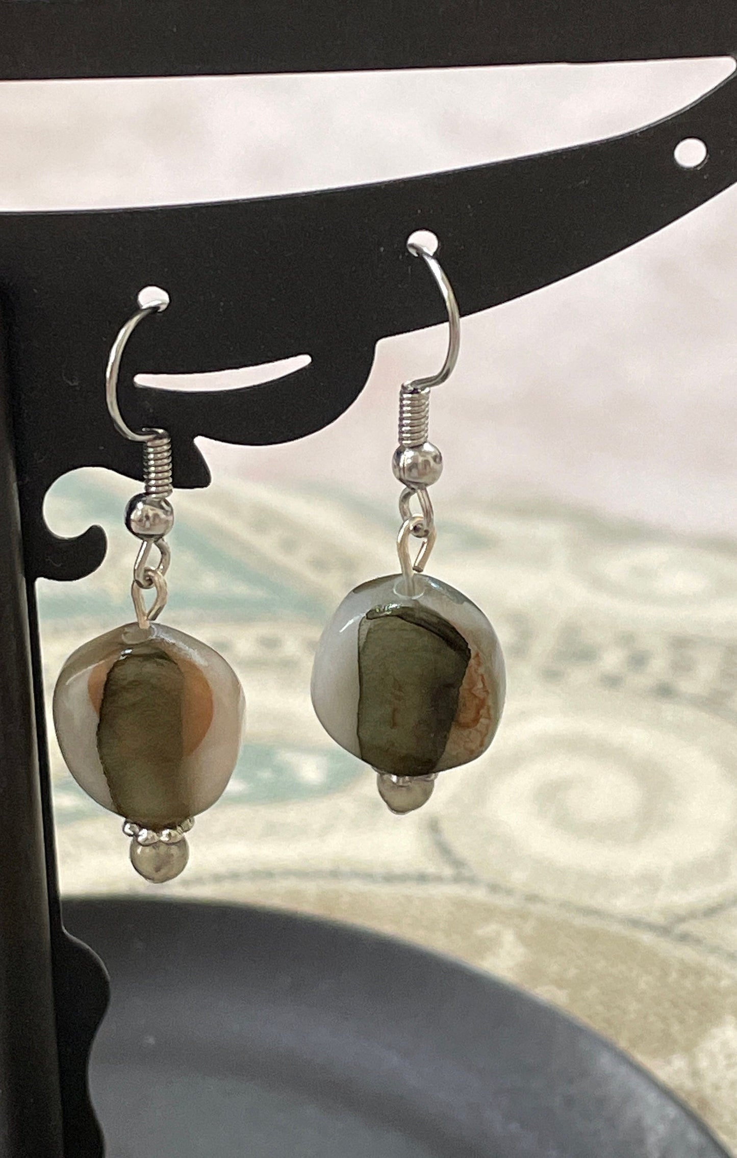 Mixed material dangle earrings - swirled glass, metal, stone, wood - option of sterling silver ear wires