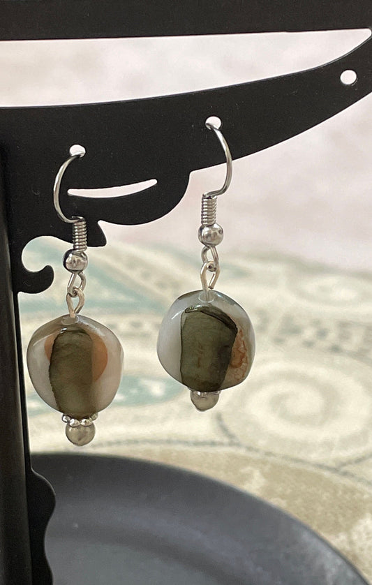 Mixed material dangle earrings - swirled glass, metal, stone, wood - option of sterling silver ear wires