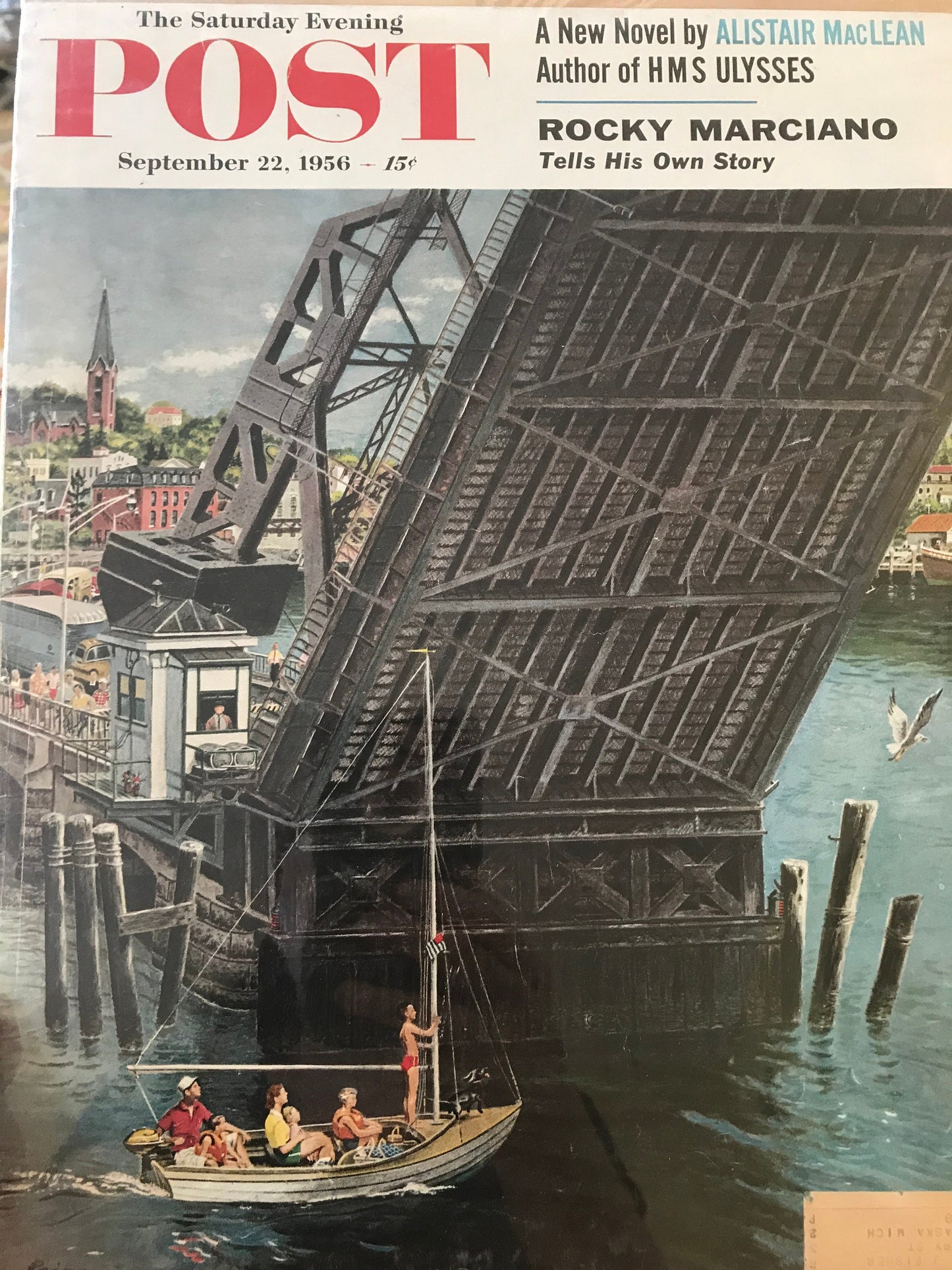 RARE - Saturday Evening Post - Original Cover - September 22, 1956 - Bridge, Boat, Rocky Marciano