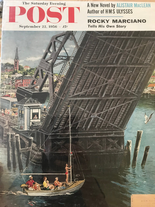 RARE - Saturday Evening Post - Original Cover - September 22, 1956 - Bridge, Boat, Rocky Marciano