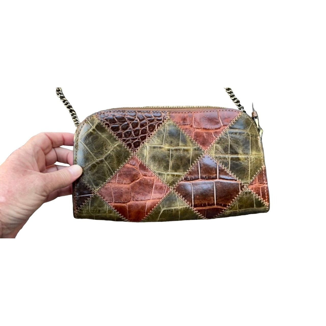 Embossed Croc Clutch – Stylish Patchwork Leather Bag with Zig Zag Stitch Detail