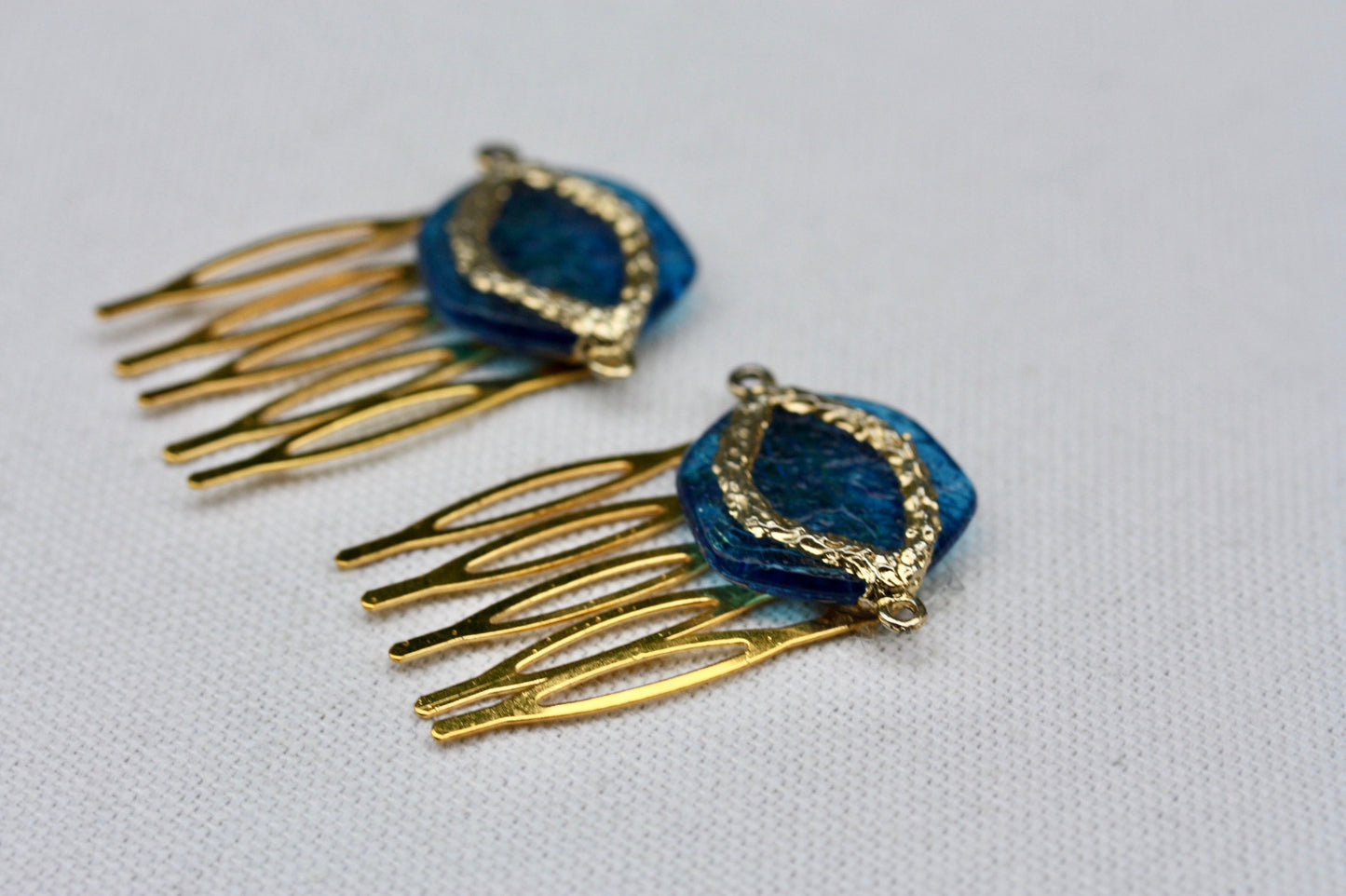 Mid century modern MCM inspired mixed material blue mini metal hair combs - 1" each