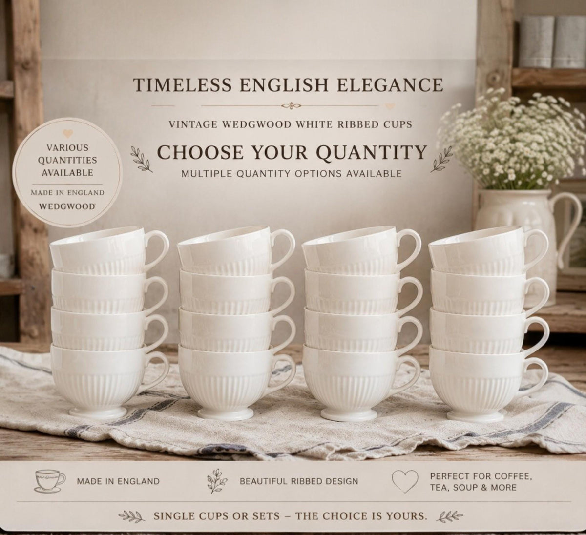 Vintage Wedgwood England White Ribbed Coffee Cups, English Cottage Kitchen Cups, Minimalist Ironstone Style Mug Sets
