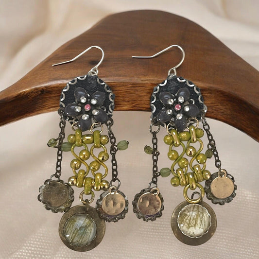 Handmade collage earrings -mixed metals with denim, rhinestones and postage stamp remnant dangles under faux glass domes- Sterling ear wires