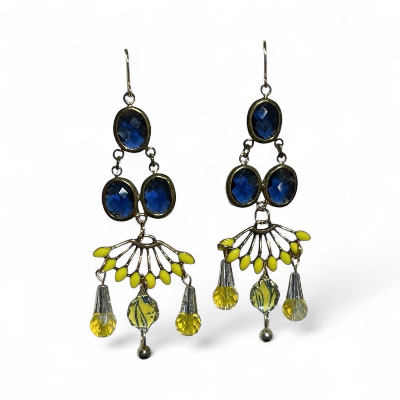 Chandelier Collage earrings -  blue faceted crystals with yellow enamel and glass trim
