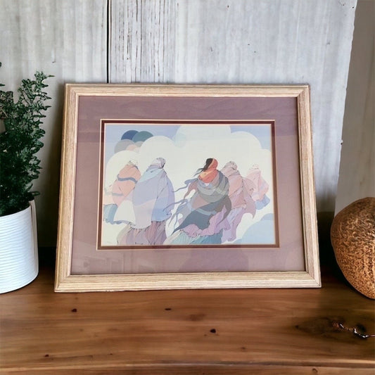 Stunning framed and matted vintage print by the late artist Diane O'Leary titled The Long Journey - Native American Multimedia artist